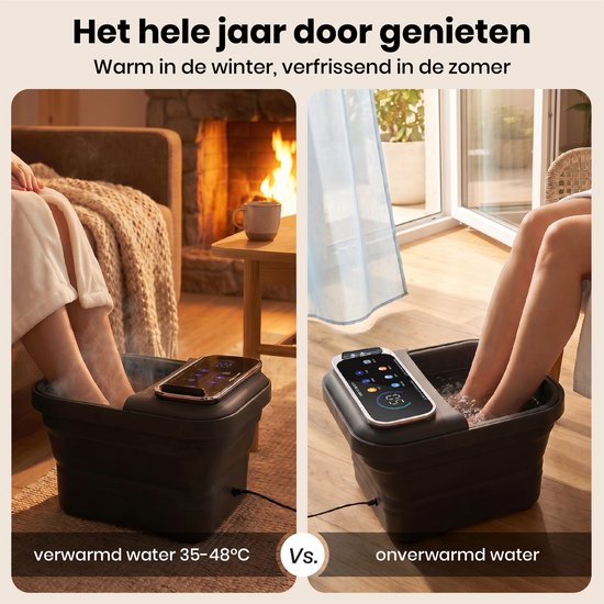 Collage van een zwart opvouwbaar voetenbad met verwarmd water (35-48°C) en met onverwarmd water.