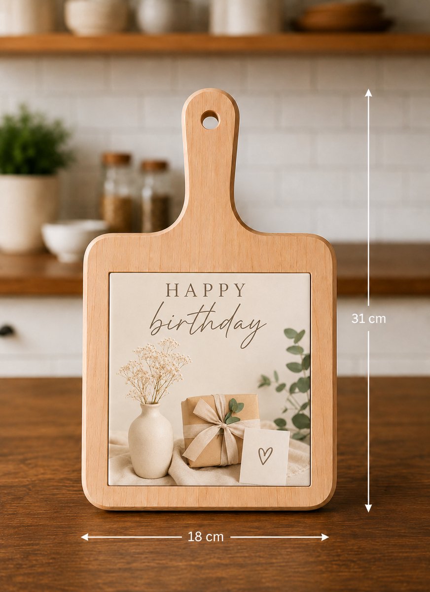 Kaasplank Happy Birthday – Met Keramische Tegel – Houten Serveerplank 18 x 31 cm – Verjaardag Cadeau