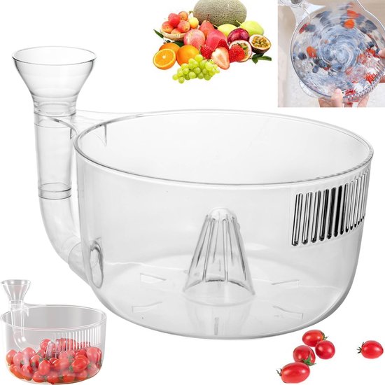Transparante fruitwasser met een trechter en een afvoerbuis, omringd door diverse vruchten en groenten.