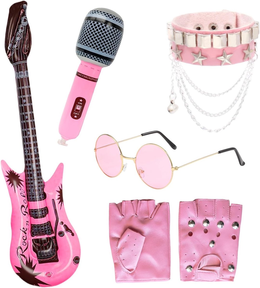 Rockster Kostuum Set met Handschoenen, Zonnebril, Opblaasbare Gitaar, Microfoon en Disco Accessoires, 5-delige Set voor Feestjes en Carnaval