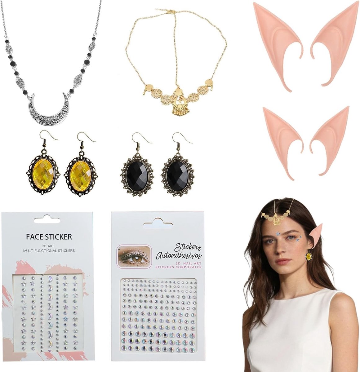 Elegante Tiara en Elf Oren Set met 2 Paar Siliconen Elf Oren, Zwarte Kristallen Haaraccessoire en Gouden Voorhoofd Sieraad voor Fantasy en Kostuumfeesten, inclusief Diamanten Gezichtstickers