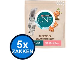 5x Purina One - Adult Zalm Graanvrij - Kattenvoer Droogvoer - 600 g