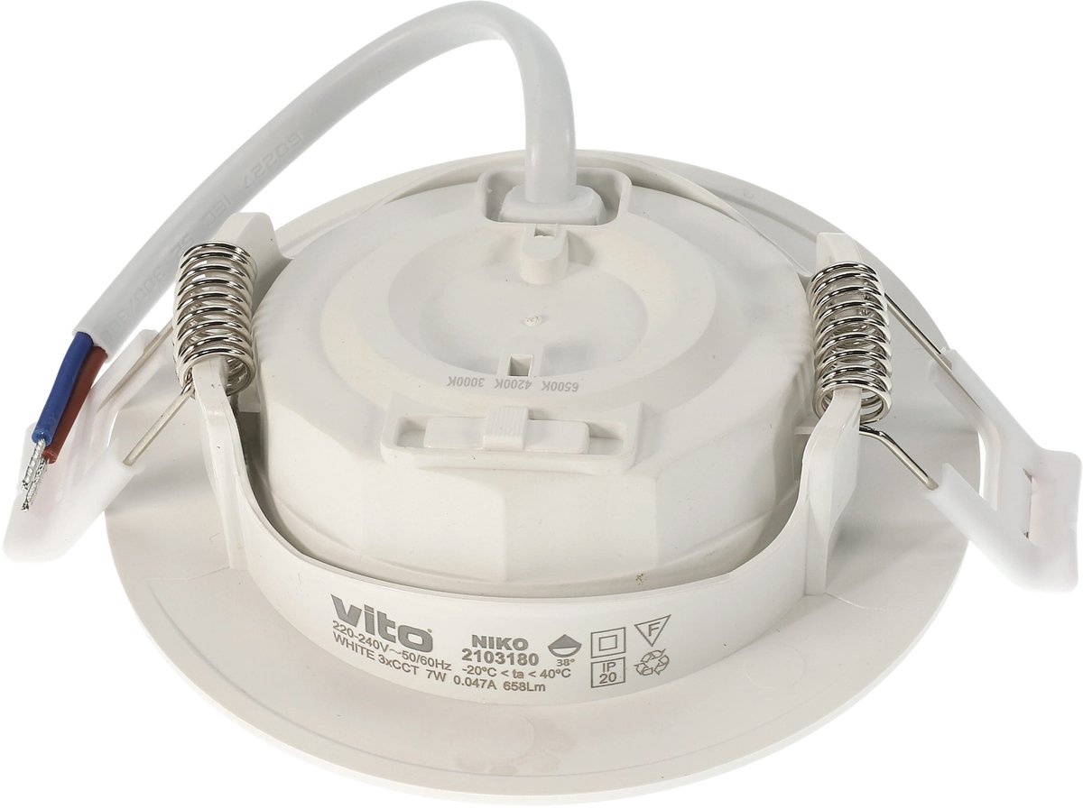 VITO Niko - Ronde Led Inbouwspot 7W - 658lm 3CCT 3000K/4200K/6500K - Wit - 70mm - Zaagmaat 38°