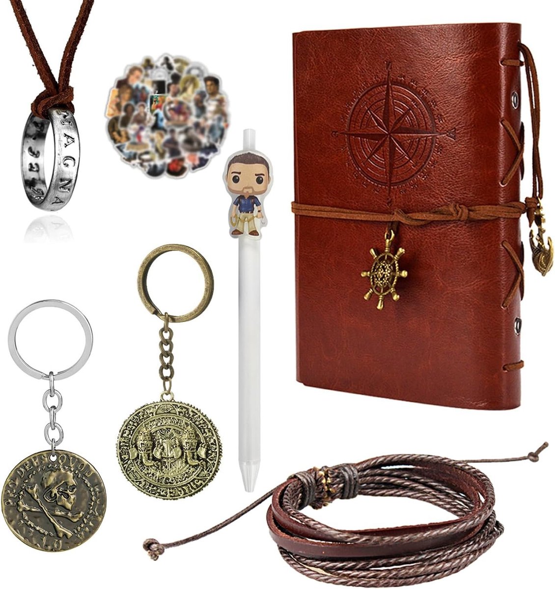 31-delige Uncharted 4 Set met Lederen Armband, Gegraveerde Skulls, Munt Pendant en Vintage Schrijfnotitieboek voor Filmfans en Avonturiers