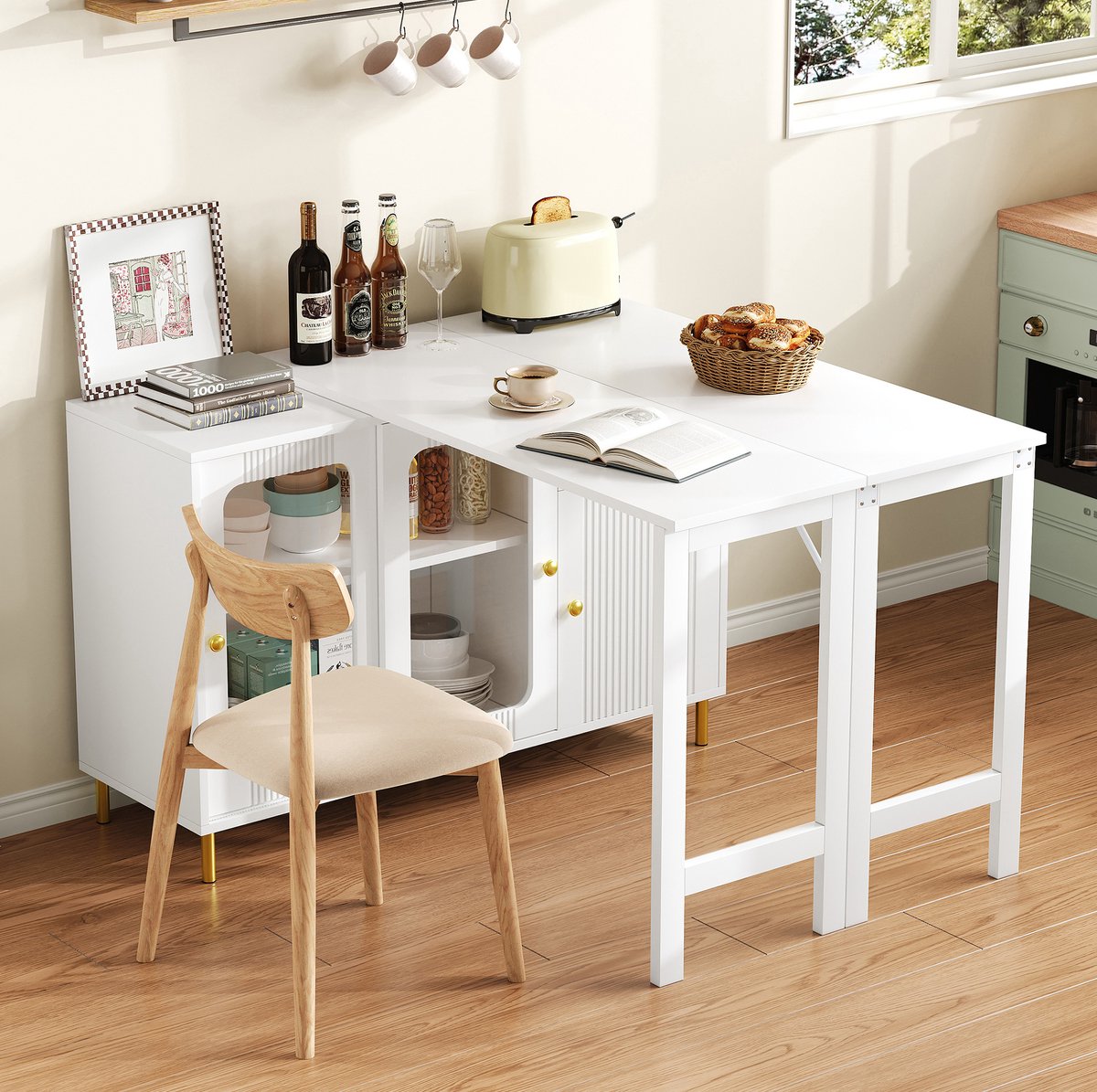 MEUNIQ dressoir wit 116 x 40 x 78,5 cm met uitschuifbaar en opvouwbaar tafelblad, glazen schuifdeuren, lades en gouden metalen poten voor eetkamer of keuken