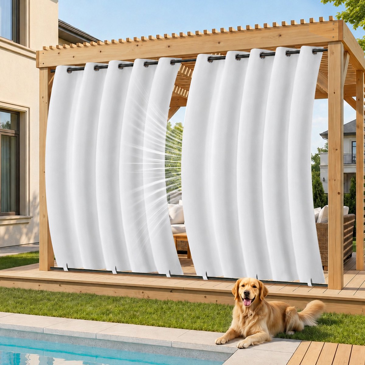MUPOO Buitengordijnen Waterdicht & Windbestendig met Ringen - Met Onder Bevestiging tegen Wind - Verduisterend & UV Werend - Outdoor Gordijnen voor Overkapping, Balkon & Tuin - 132x213 cm - Wit - 2 stuks (Rideau Extérieur Imperméable)