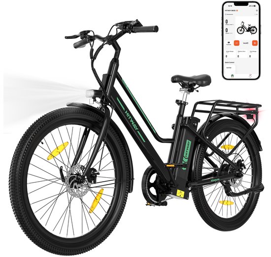 Zwarte HITWAY elektrische fiets met verlichting aan de voorkant, bagagedrager, 27,5-inch wielen en een afneembare accu. Telefoon met app is te zien.