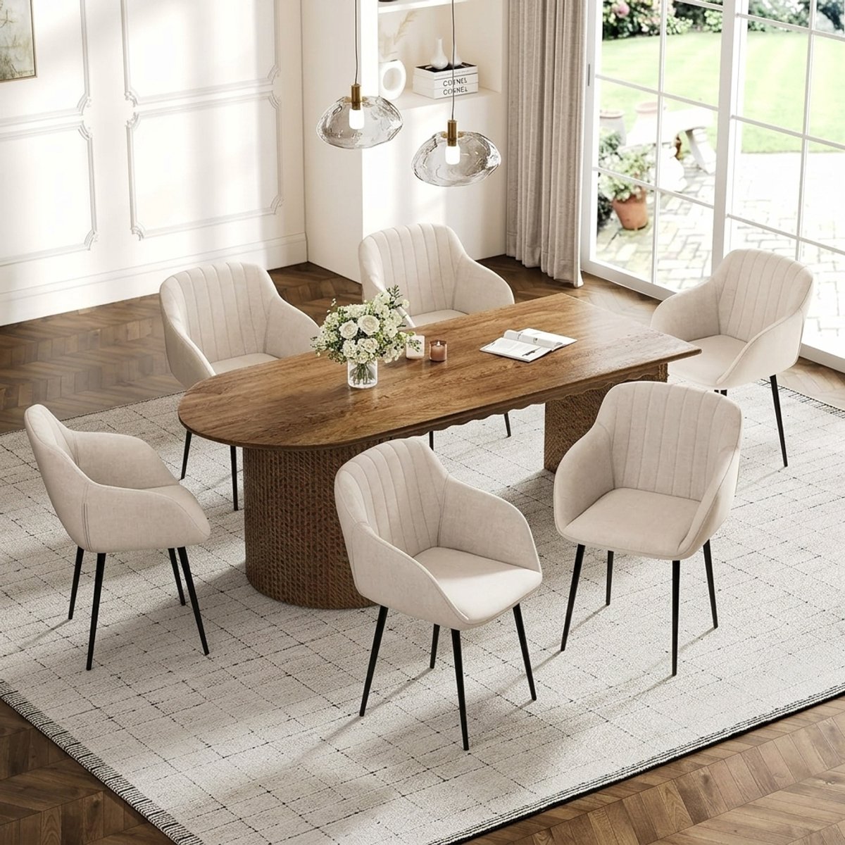 Eetkamerstoelen Set van 4 met Armleuningen Beige – Luxe Gestoffeerde Linnen Eetkamerstoelen met Zwart Metalen Onderstel, Scandinavisch Design, Comfortabele Keukenstoelen | Novihomestore