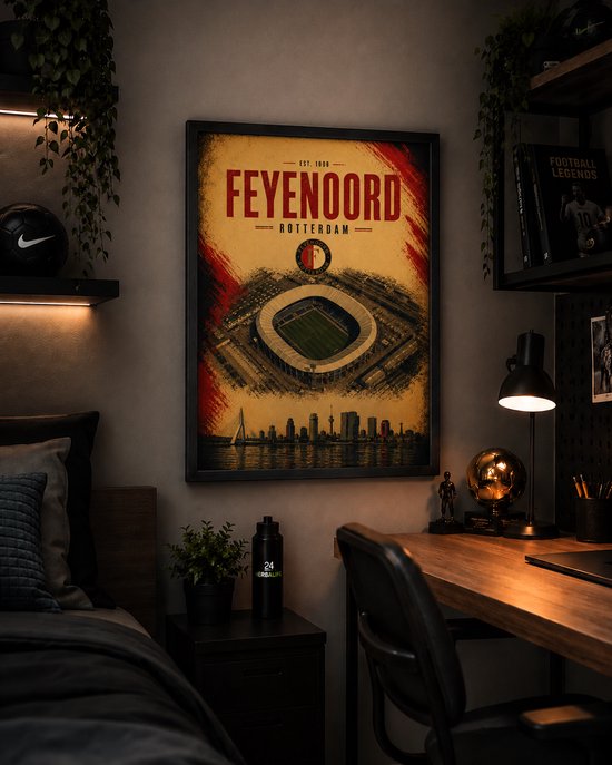 Feyenoord Poster | De Kuip Vintage Art Print | Retro Voetbal Poster | Inclusief Zwarte A4 Lijst