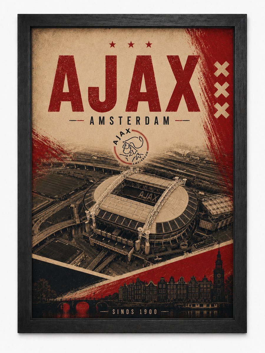 Ajax Poster | Johan Cruijff ArenA Vintage Art Print | Amsterdam Retro Voetbal Poster | Inclusief Zwarte A4 Lijst