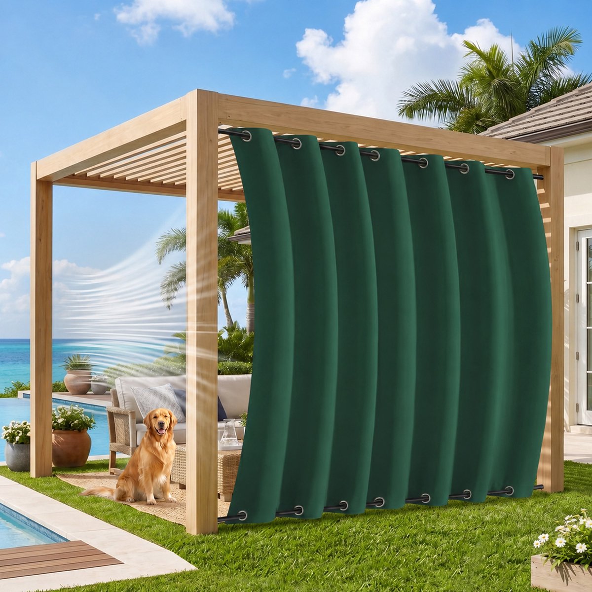 MUPOO Extra Brede Buitengordijnen Waterdicht&Windbestendig 254cm- Met Dubbele Bevestiging Boven en Onder - Verduisterend &UV Werend - Outdoor Gordijnen voor Overkapping, Balkon & Tuin - 254x213 cm - Groente - 1 Stuk (Rideau Extérieur Imperméable) Groen-1 stuck