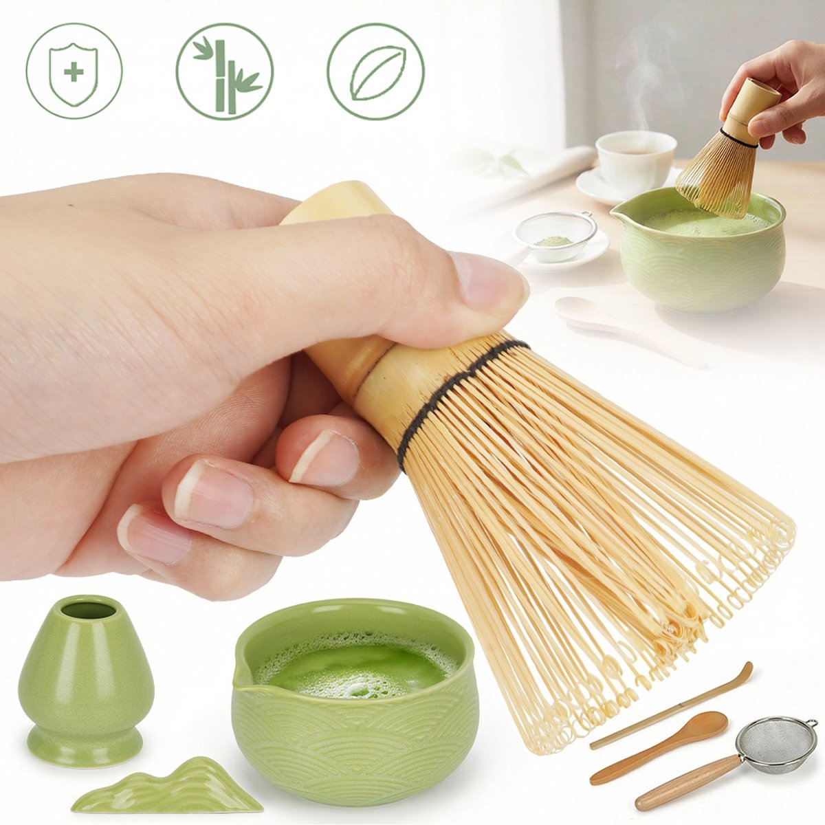 7-Delige Matcha Ceremonie Set - Loodvrije Keramische Kom Bamboe Tools - V-Vormige Tuit Comfortabele Grip - Duurzaam En Vaatwasmachinebestendig - Perfect Cadeau Voor Theeliefhebbers