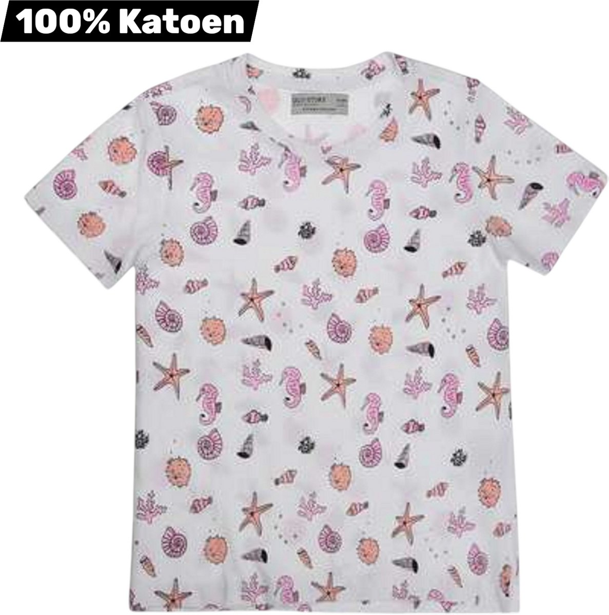 T-shirt 100% katoen zee schelpen wit 140