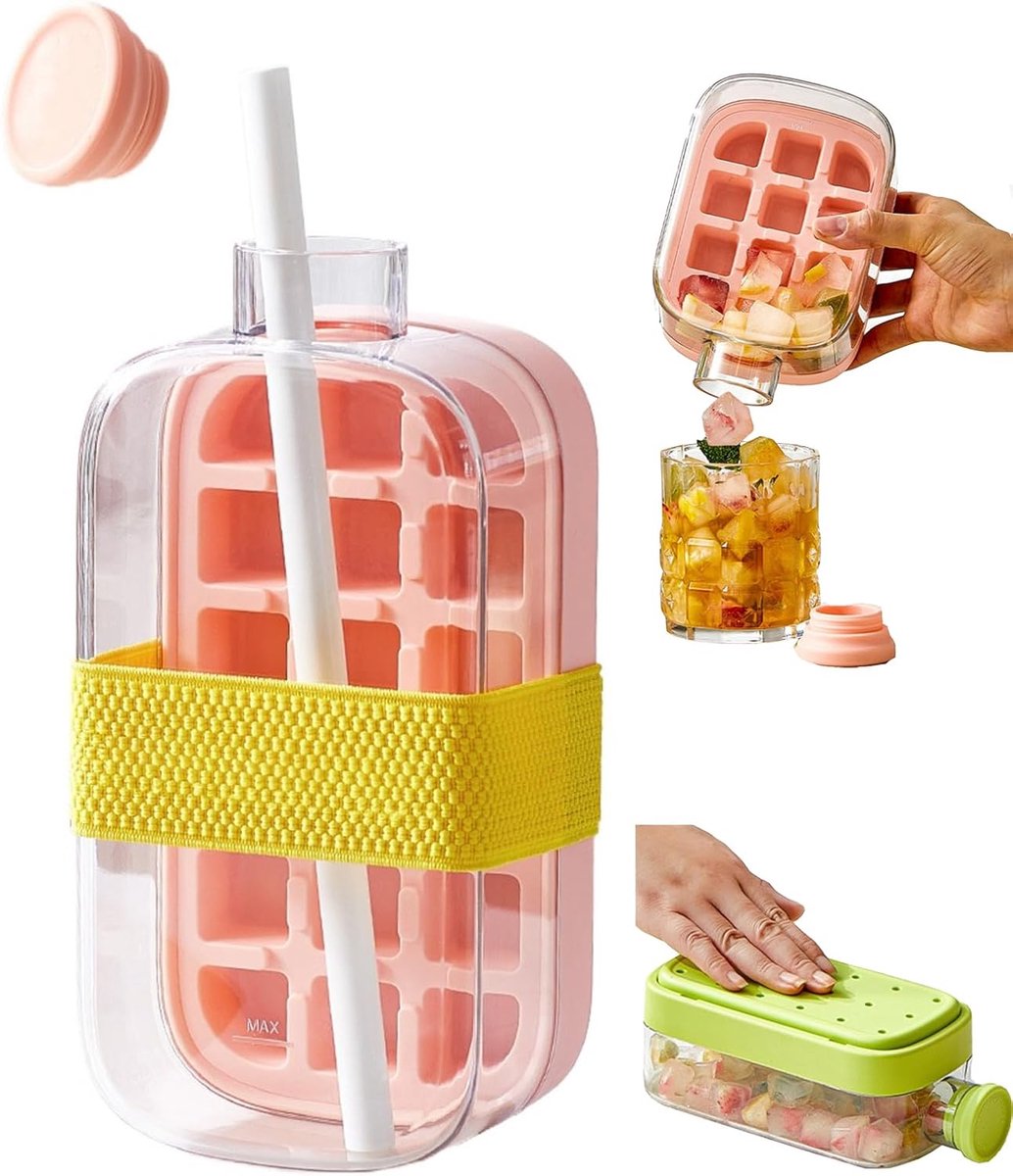 2-in-1 Ijsblokjesfles met Rietje - 800ML Draagbare Ijsmaker - Zelfgemaakte Ijsblokjesvorm - Waterfles Kunststof - Drinkfles -Perfect voor het maken van koffie, sap, cocktails of gekoelde drankjes - 21.7*10.8 cm - Roze