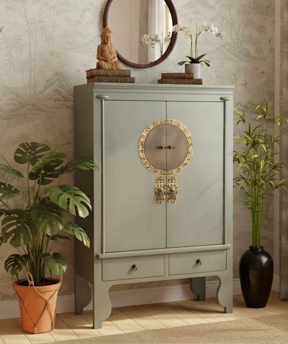 Aziatische Kledingkast Vintage 105x55x175 cm – Oosterse Commode China Shabby Chic met Messingbeslag Dierenriem – NoviHomeStore