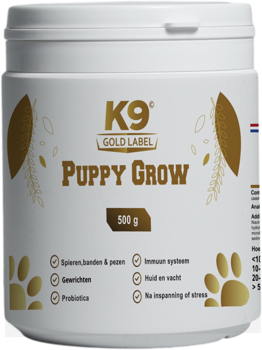 K9 gold label - puppy grow 500g pot - de beste start voor uw pup - voor een goede ontwikkeling - gewrichten - spieren - darmflora - huid en vacht - optimale gezondheid