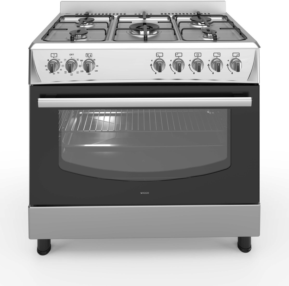 Bol.com Wiggo WO-E905R(XX) - Gasfornuis - 5 Kookzones - 7 Ovenstanden - Wokbrander - Timer - 5 Jaar Garantie - Roestvrijstaal aanbieding