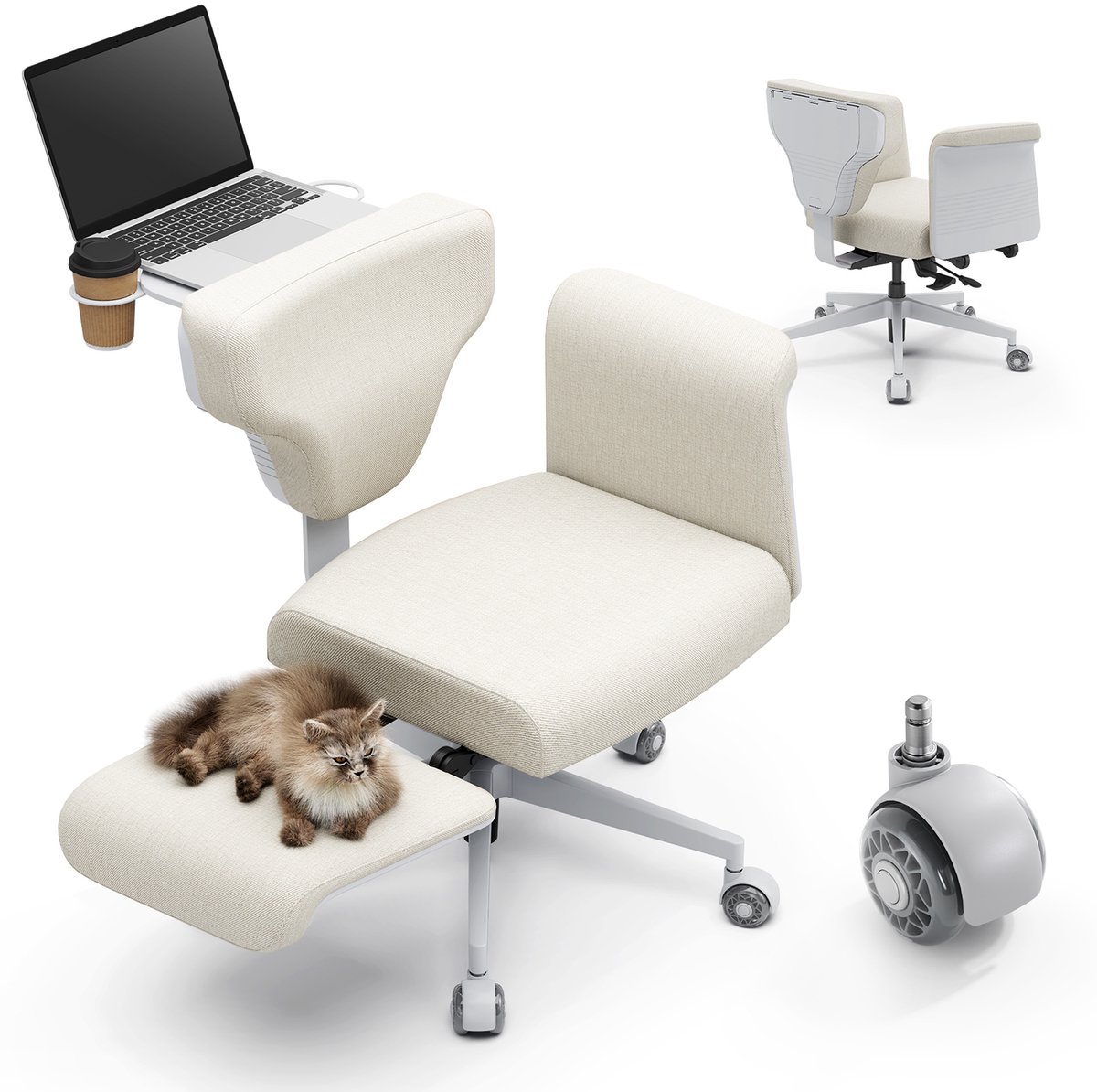 NEWTRAL Ergonomische Bureaustoel met Inklapbare Laptoptafel - Directiestoel met Verstelbare Rugleuning en Armleuningen - voor Werk, Laptop, Ontspanning, Achteroverleunen en Huisdieren