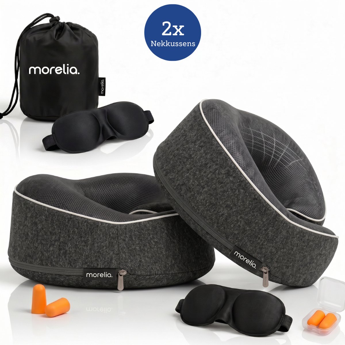 Morelia® 2x Volledige Set Nekkussen Donker Grijs - Luxe Reiskussen voor het Vliegtuig en de Auto - Traagschuim