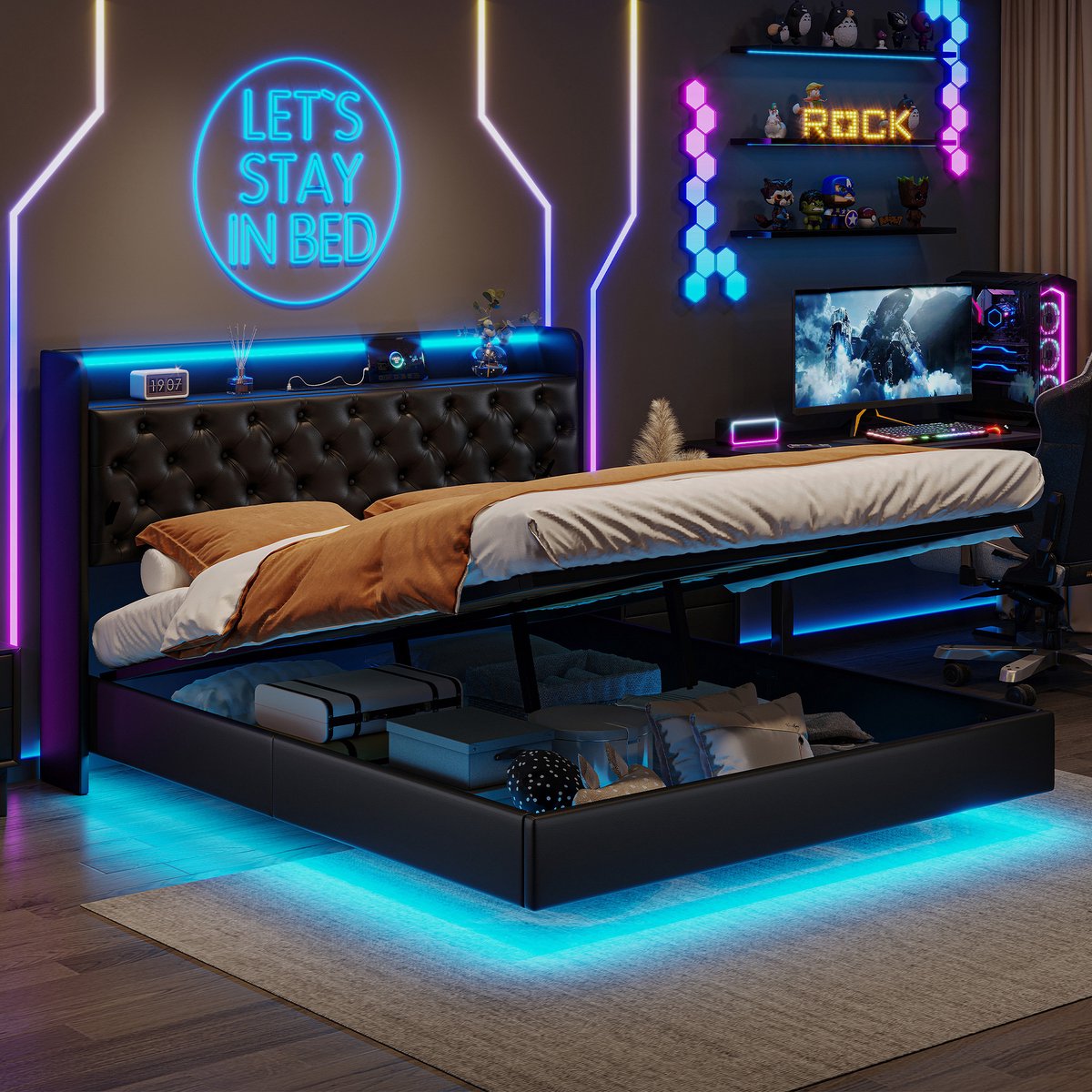 Gestoffeerd bed 160x200 cm met LED-verlichting en USB - Hydraulisch tweepersoonsbed met lattenbodem en opbergruimte, Opbergbed met Hoofdbord, Zwart PU, zonder matras