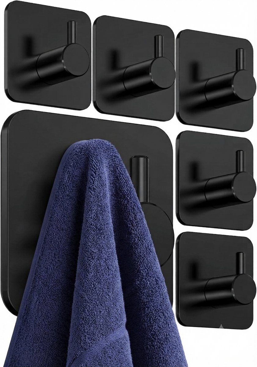 Livatto Zelfklevende wandhaken zonder boren - set van 6 zwarte handdoekhaken, extra sterk, waterdicht, klassiek design