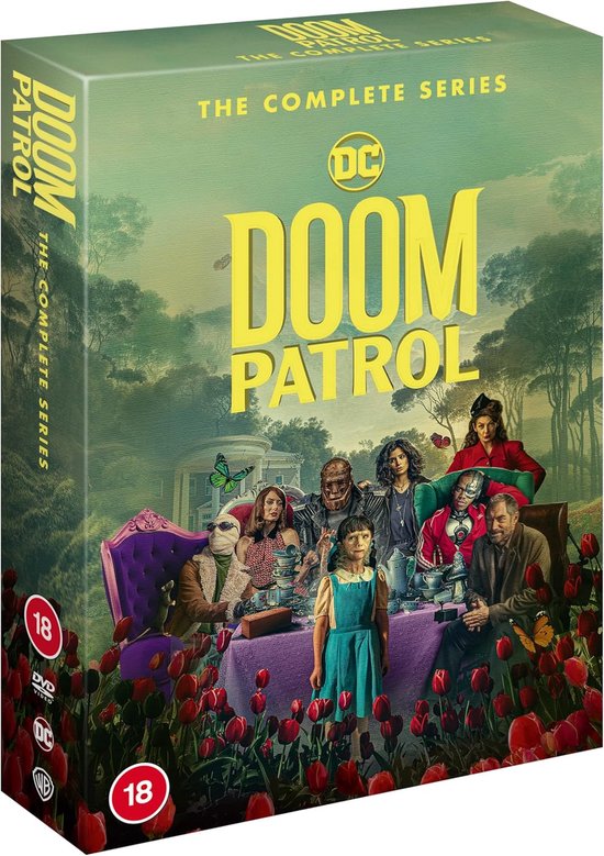 DVD-hoes van Doom Patrol, The Complete Series, met de cast aan een tafel met tulpen en vlinders.