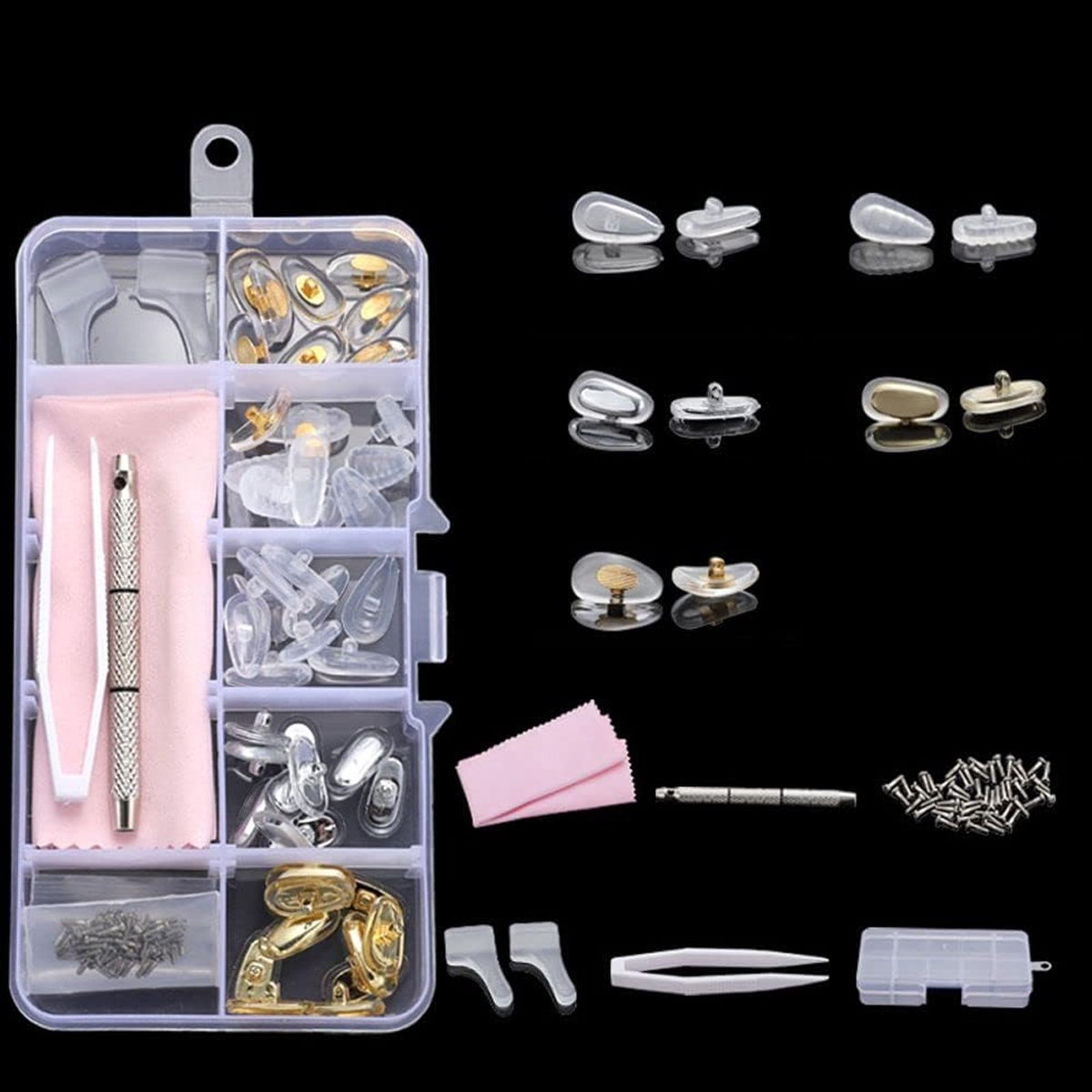 Brillenreparatieset - Siliconen neuskussentjes - Set met gouden neussteunen - 25 paar schroefbare neuspads - vervangingsset met antislip-neuspads met luchtkamer - 3-in-1-schroevendraaier, pincet, oorhaak, doekje, schroeven