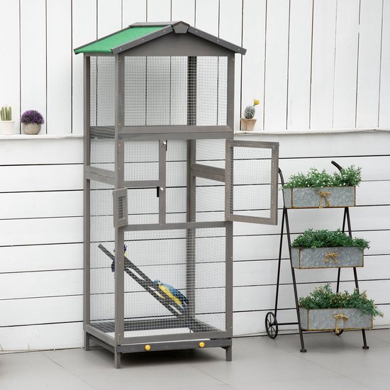 Volière Vogelkooi Vogelhuis - Lichtgrijs - Houten Buitenkooi Met Lade