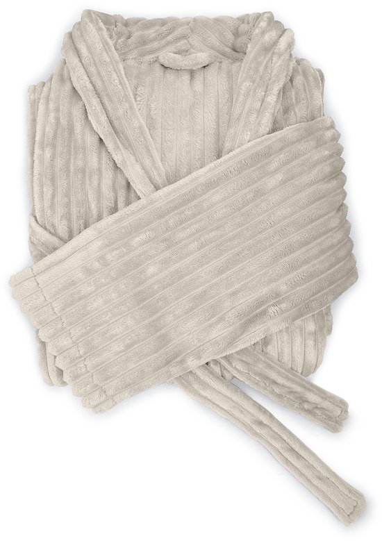 Peignoir en polaire teddy côtelée crème, avec ceinture croisée sur le devant.