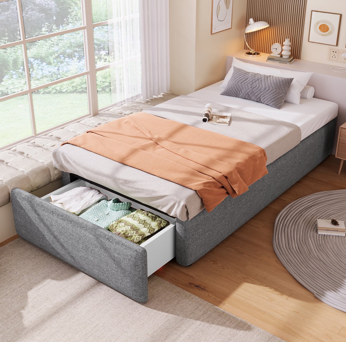 MIVRAY Gestoffeerd Bed 90x200 cm - Eenpersoonsbed Zonder Matras met Hydraulische Opbergruimte en Lade - Stof - Grijs