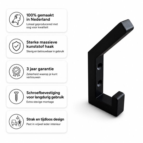 Vleugel® Dubbele kapstokhaak voor akoestisch wandpaneel - 13 mm -Akupanel - akoestische panelen - Akoestisch paneel - Lattenwand - Akoestische wand - kapstok - Schroefmontage - 1 stuk - Kunststof-Carbon