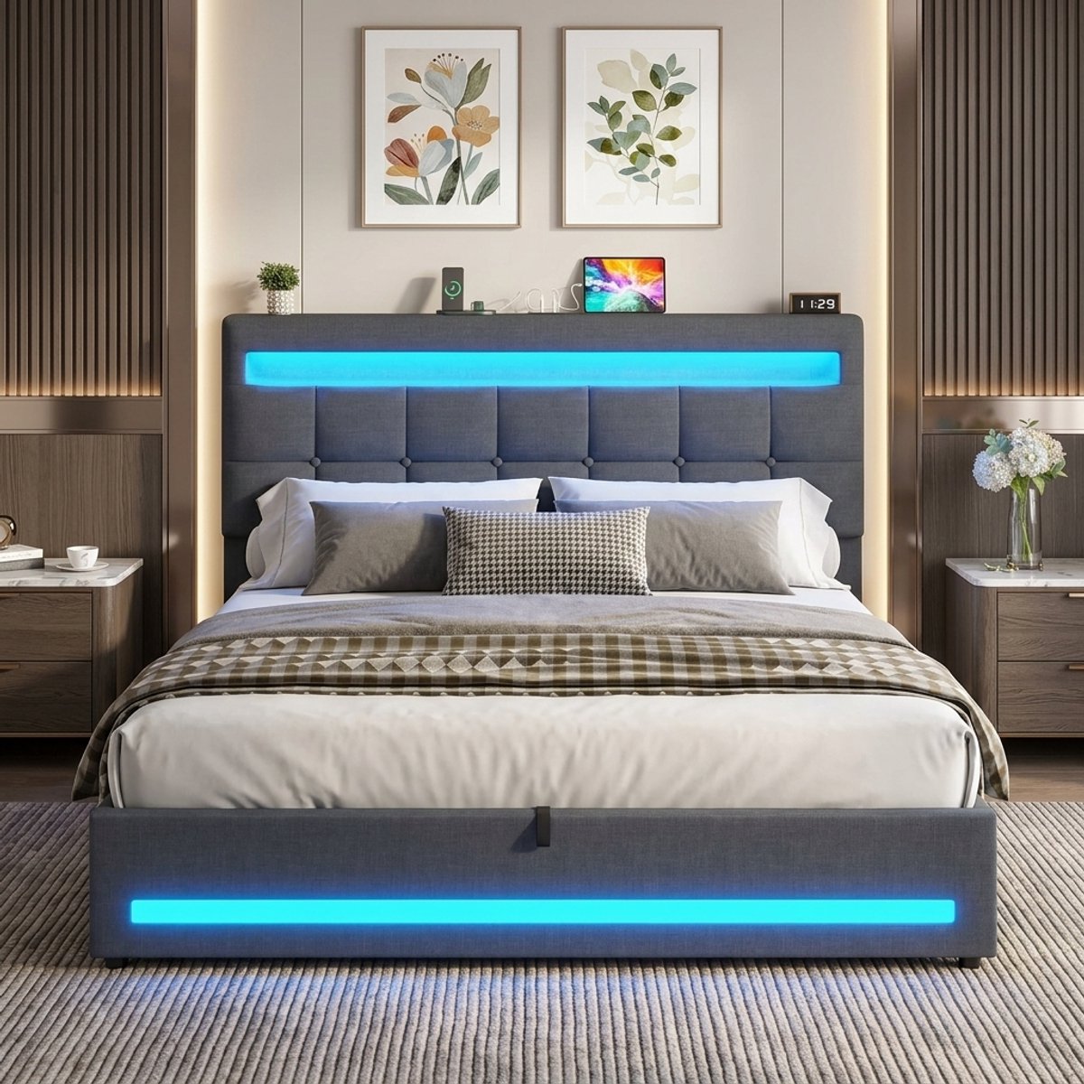 Gestoffeerd Opbergbed 140x200 cm met LED Verlichting, USB & USB-C Laadstation, Verstelbaar Hoofdbord en Hydraulische Opbergruimte - Novihomestore