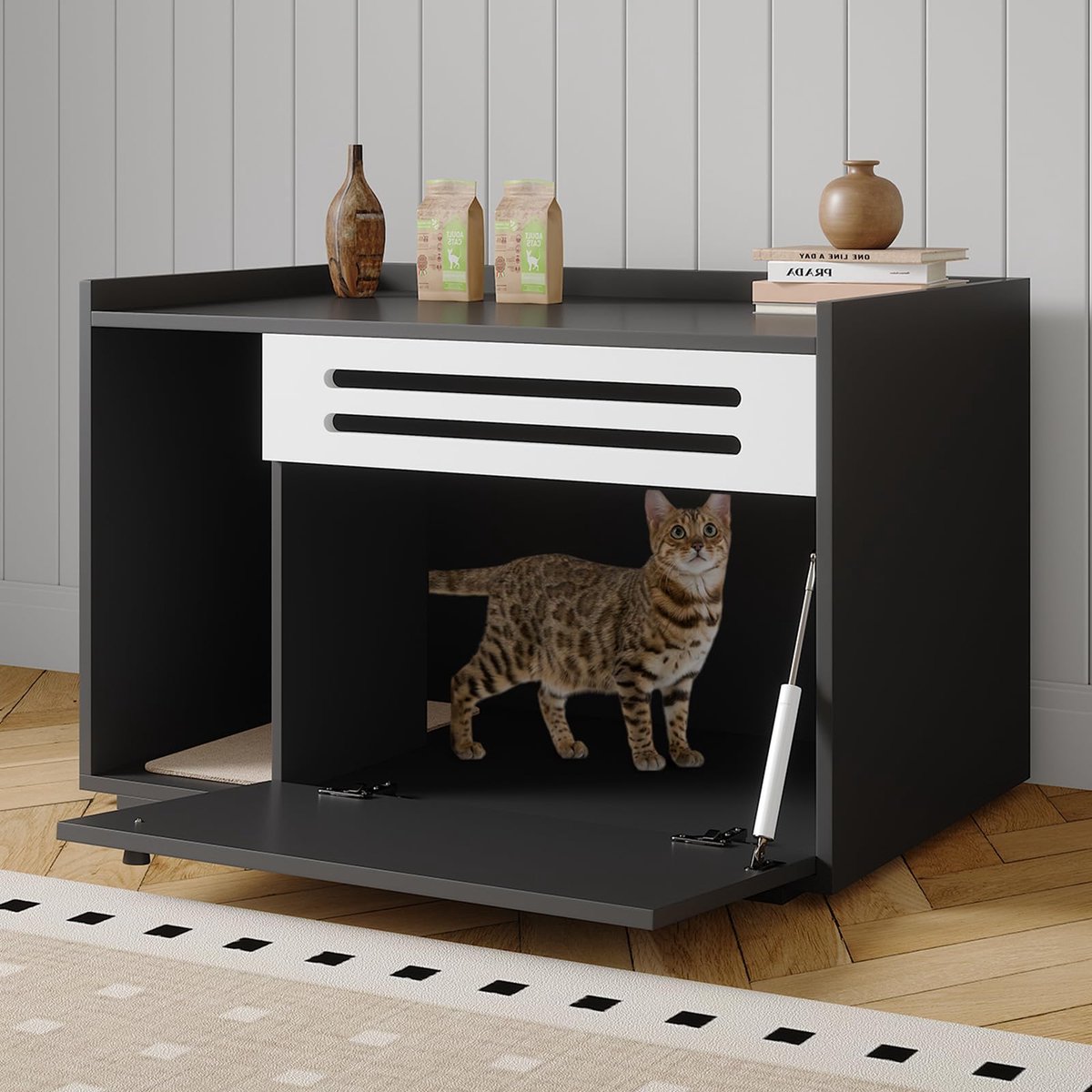 Kattenbakmeubel voor grote katten – verborgen kattenbakkast, hondbestendig kattenhok voor binnen, bruikbaar als bijzettafel