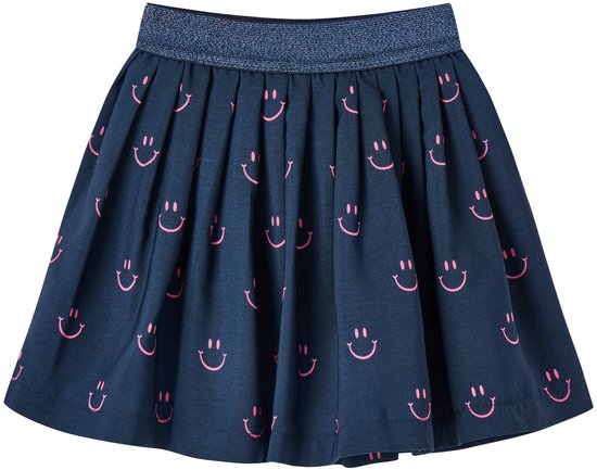 Donkerblauwe meisjesrok met plooien, een glinsterende tailleband en een all-over print van roze lachende gezichtjes.