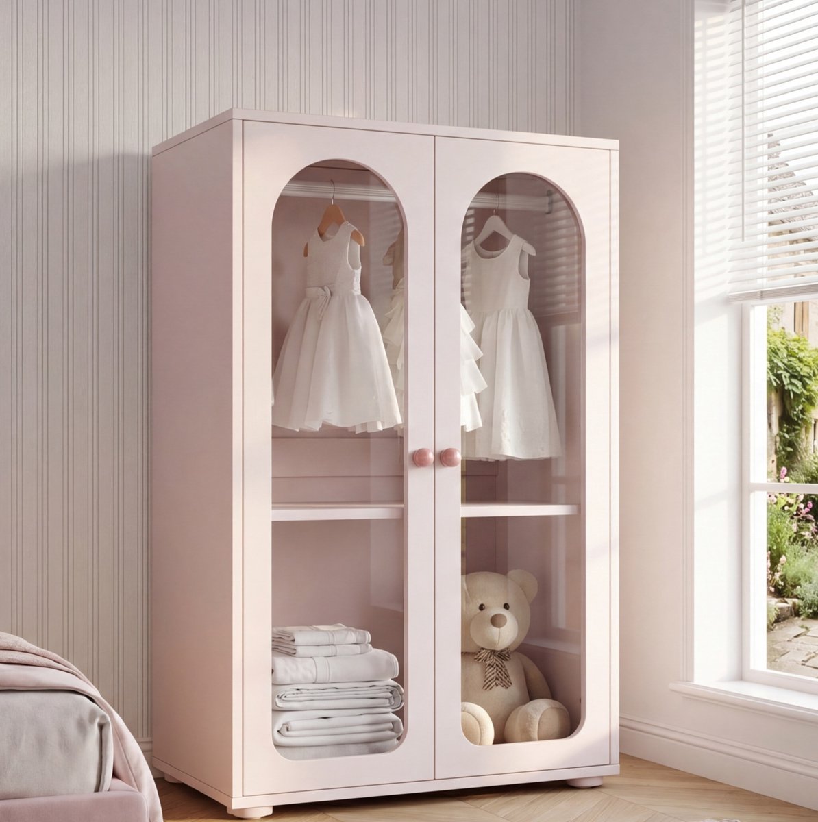 MEUNIQ 2-deurs kledingkast 80 x 50 x 120 cm met acryl deuren, kledingroede en verstelbare planken, opbergkast voor kinderkamer of slaapkamer, roze Baby Pink