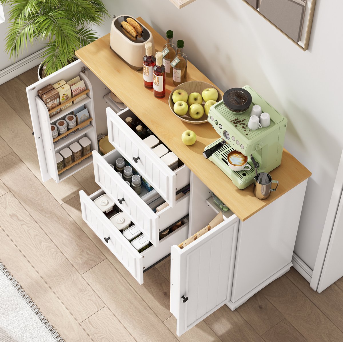 MEUNIQ dressoir 126 x 40 x 86 cm met 3 lades, 2 deuren en verstelbare planken, opbergkast voor eetkamer, woonkamer of hal, wit