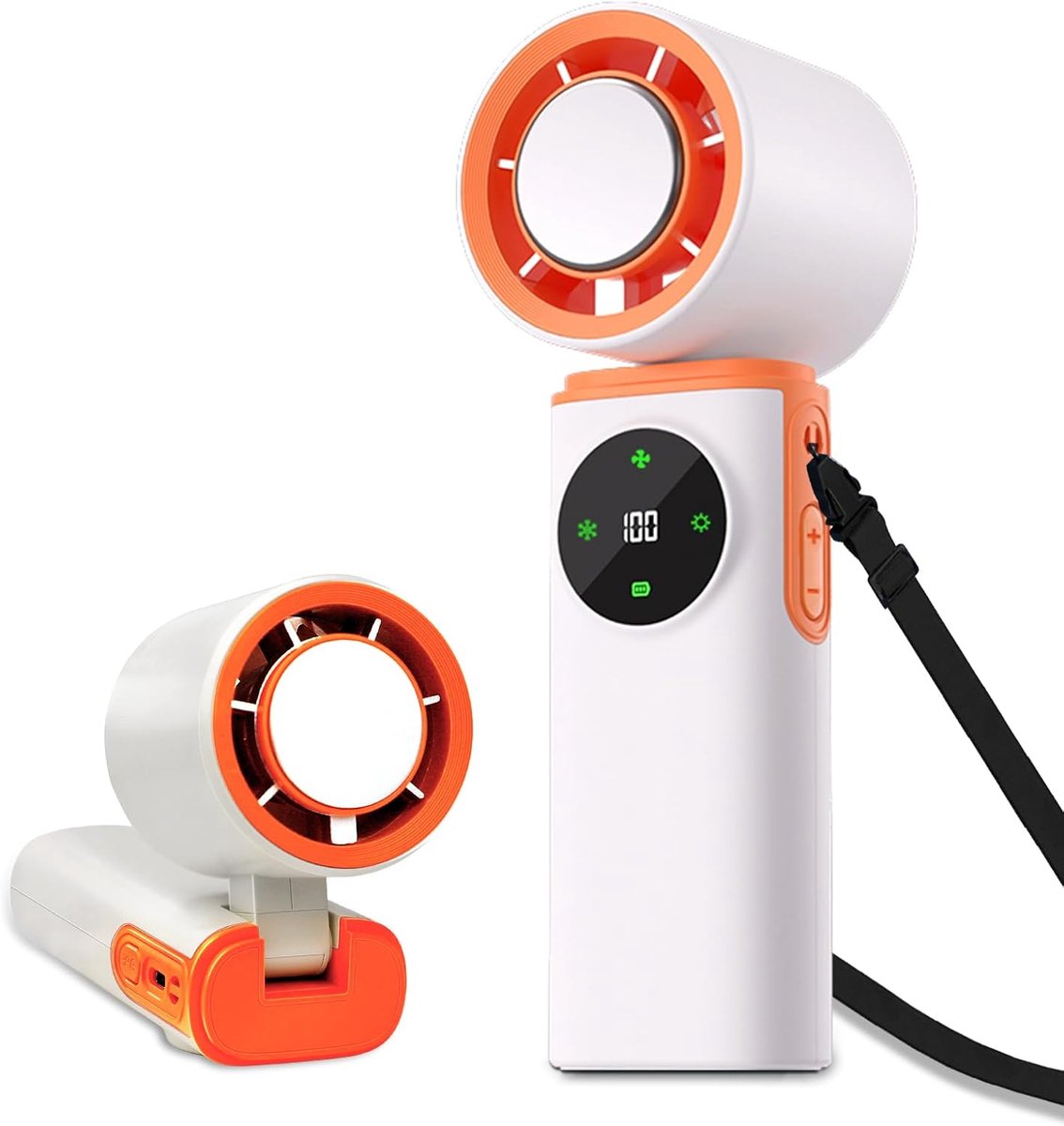 Deze draagbare turbineventilator heeft een koelfunctie, een traploze snelheidsregeling met 199 standen, een krachtig toerental van 20.000 RPM en een accuduur tot wel 12 uur. Het is een oplaadbare mini-ventilator, ideaal voor op reis.