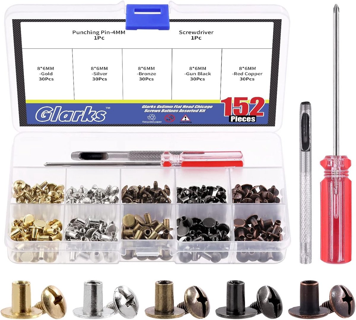 150 Sets 8x6mm Ronde Platte Hoofd Chicago Schroeven in 5 Kleuren voor Lederen Creaties, Kleding, Schoenen, Riemen en Tassen met Gaatjespons en Schroevendraaier