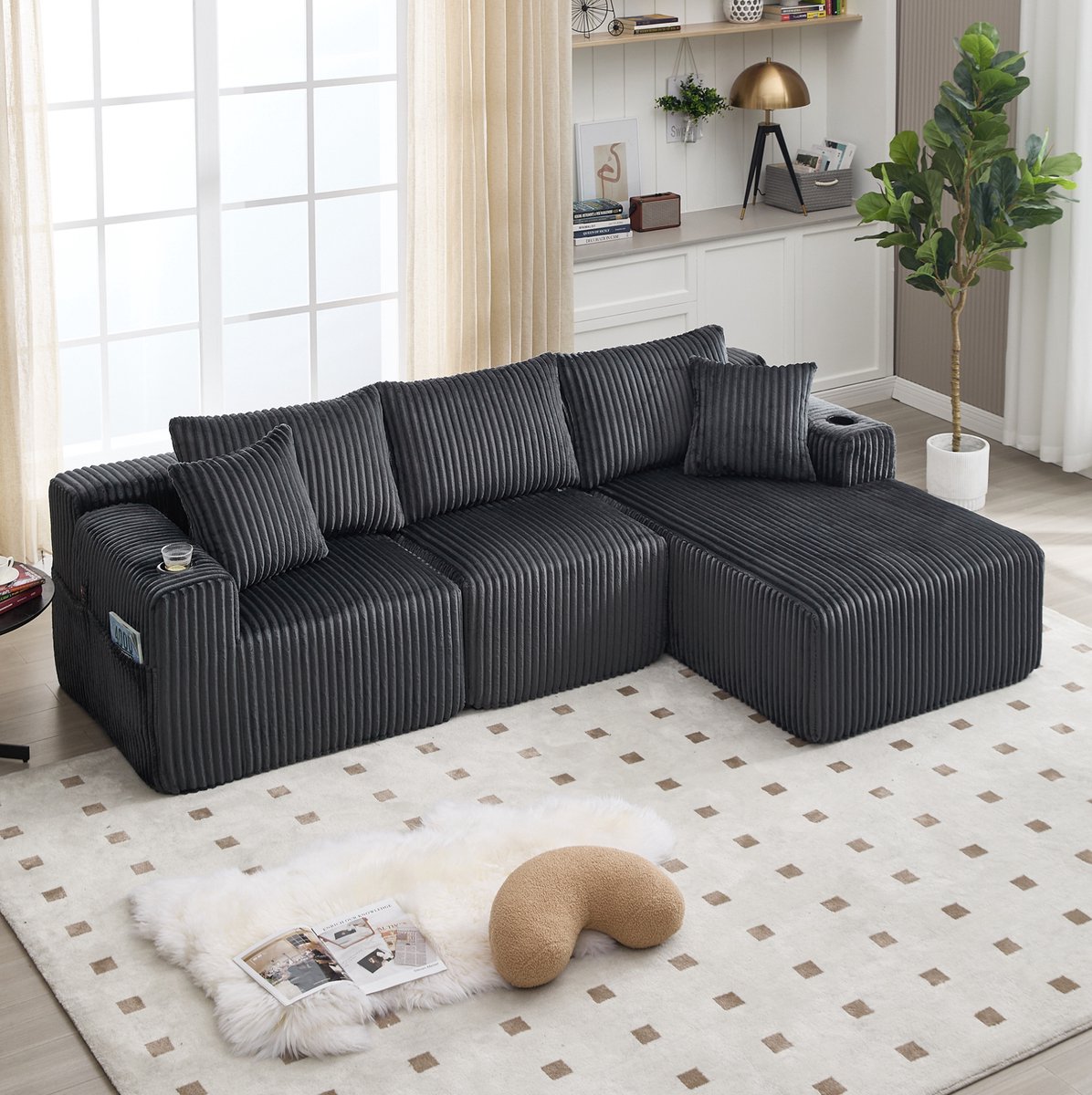DESMIU Hoekbank 257 x 160 x 62 cm - Modulaire Chaise Longue Met 2-Zits, 5 Kussens, Zijvakk