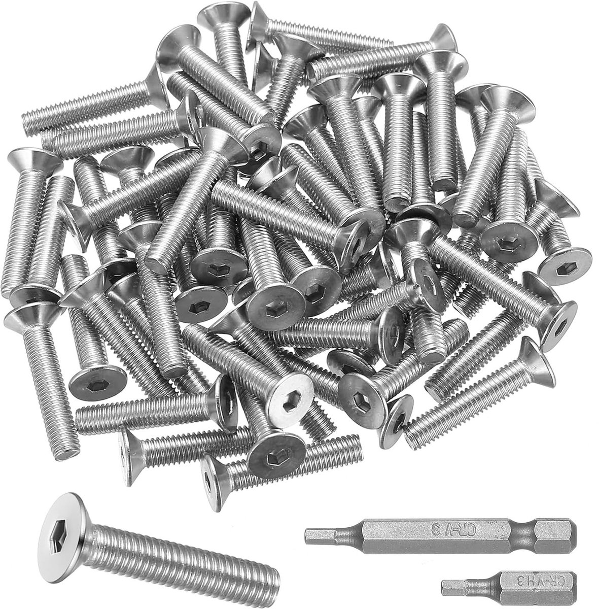 Set van 80 RVS M5 Schroeven met Verzonken Kop en Inbus, M5 x 25 mm, Inclusief 2 Bits voor Gemakkelijk Gebruik