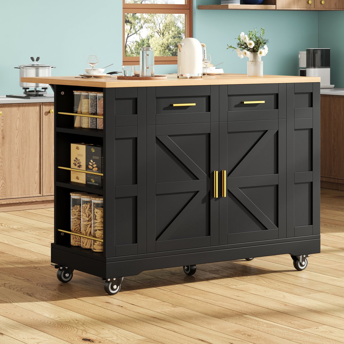 MEUNIQ keukeneiland met opklapbaar tafelblad 120 x 65 x 90 cm, eettafel met 2 lades, opbergvakken en kastdeuren, keuken en eetruimte, zwart