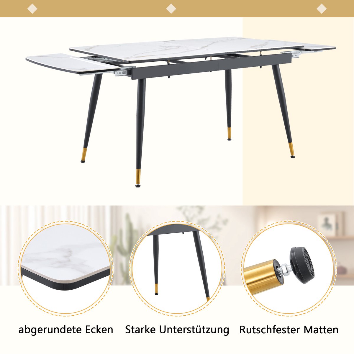 DESMIU Eettafel - Uitschuifbaar Met Keramieken Marmerlook Blad - Modern Voor Eetkamer En Woonruimte - Metaal - 200x80x76 Cm - Wit Zwart