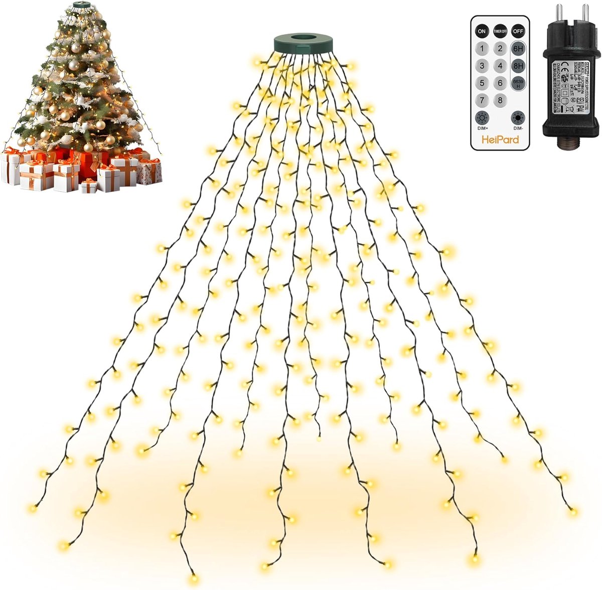 HeiPard Christmas tree lights with ring 2m 240 LEDs 12 strands timer 8 modes waterproof indoor outdoor Christmas - ShopVlot