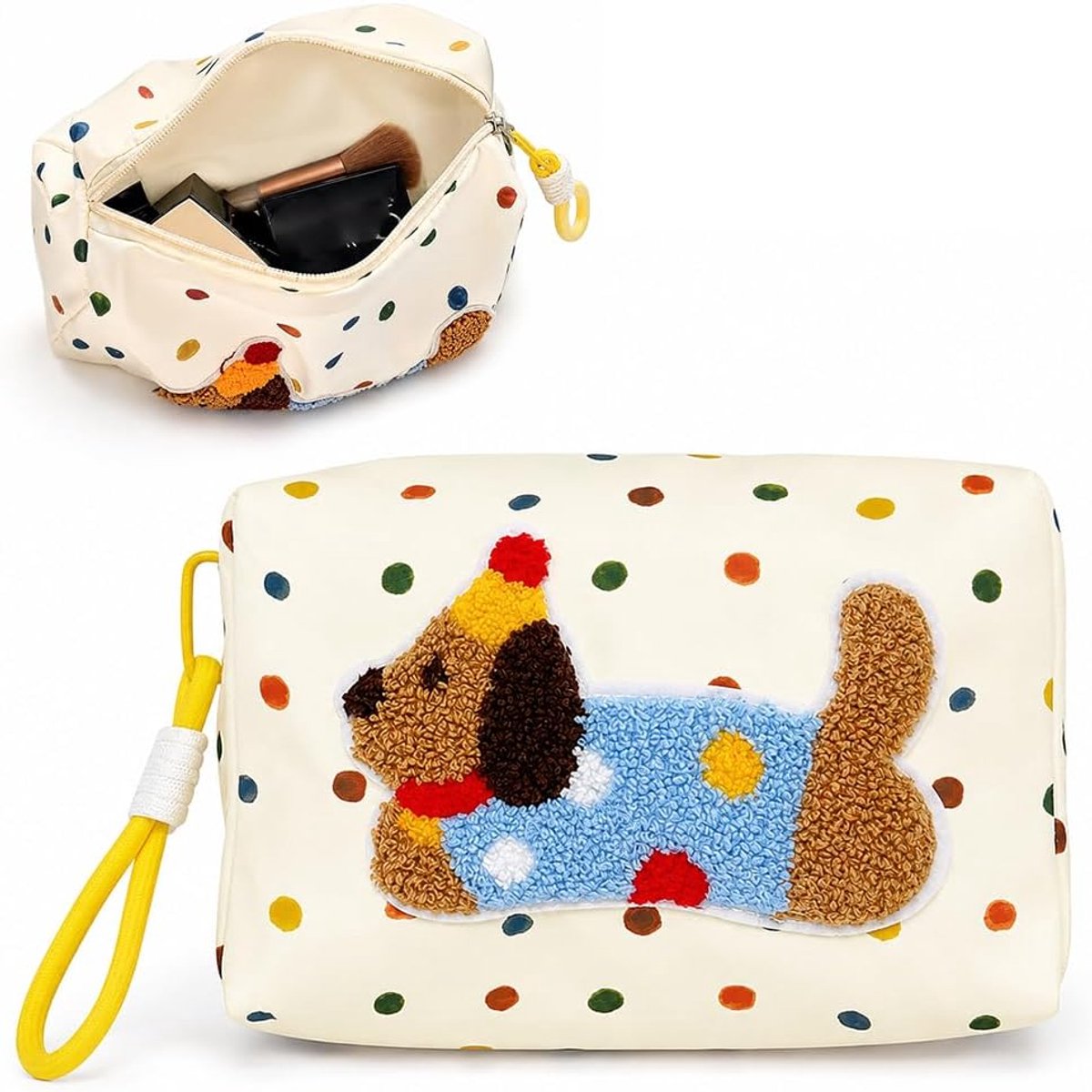 Toilettas met stippenmotief en teckelprint - canvas - ruim en draagbaar - ideaal voor op reis - ShopVlot
