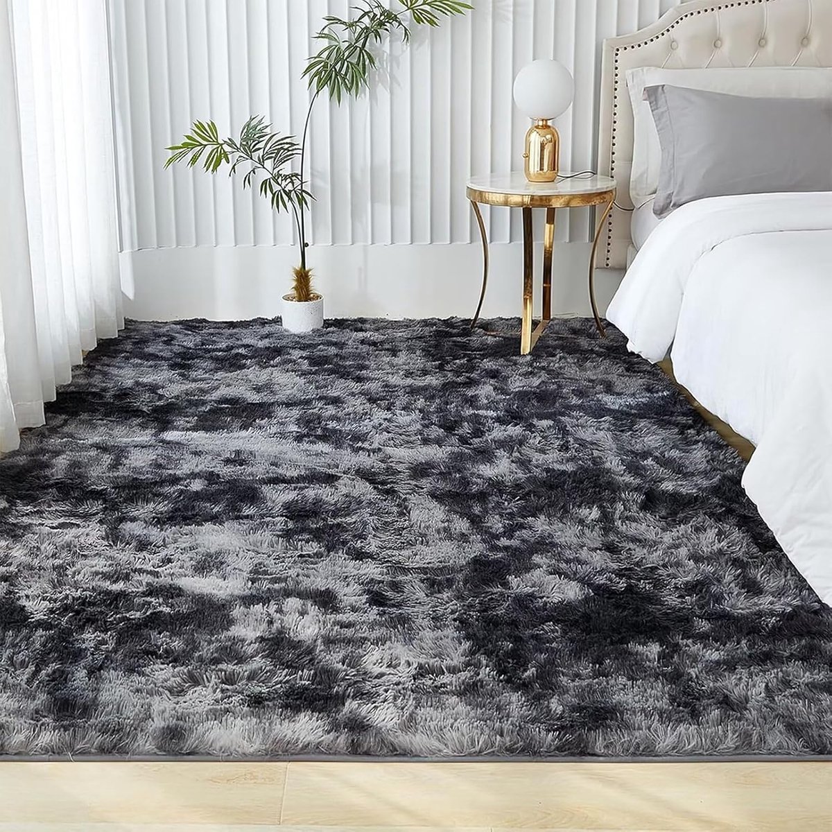 Tapis hoogpolig 80 x 160 cm - Fluffy batik donkergrijs - Wasbaar en antislip - Zacht en knuffelig voor slaapkamer - ShopVlot