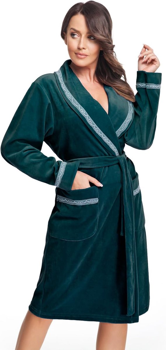 damesbadjas L - velours - petrol met kant - luxe en comfortabel - ShopVlot