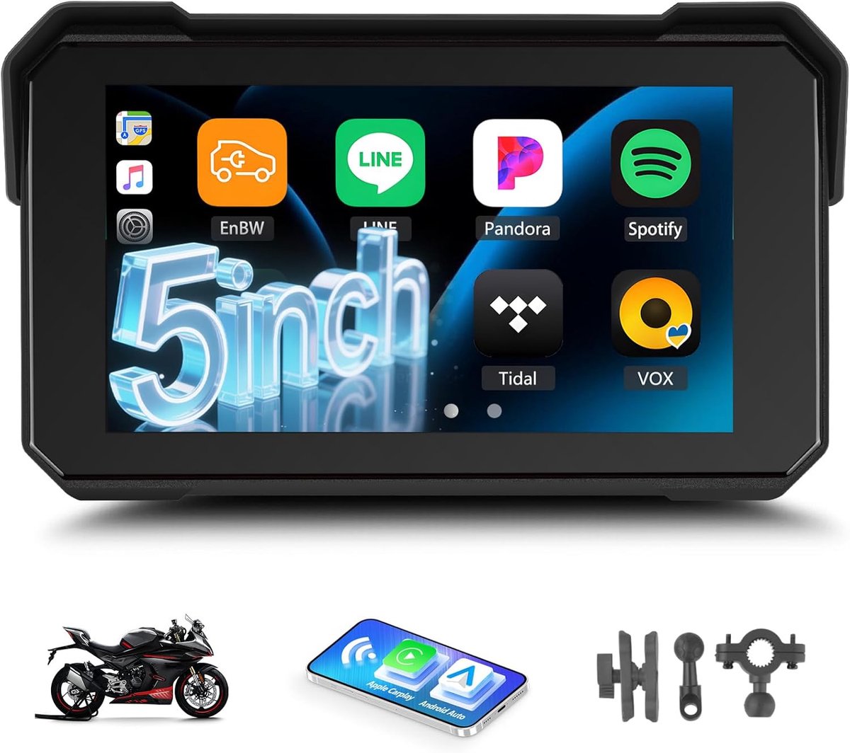 GPS Carplay scherm voor motorfietsen - 5 inch HD aanraakscherm - draadloze Carplay en Android Auto - ShopVlot
