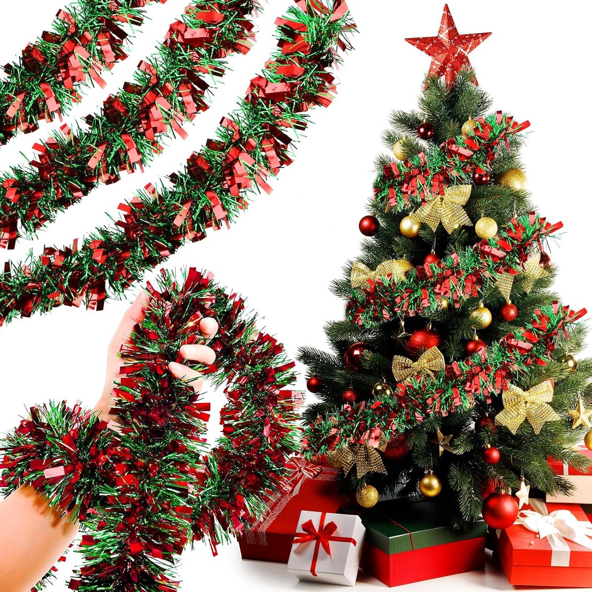 Gerlande Lametta Garlands 10 m - Set van 5 - Glanzend groen en rood - Perfect voor kerstdecoratie - ShopVlot