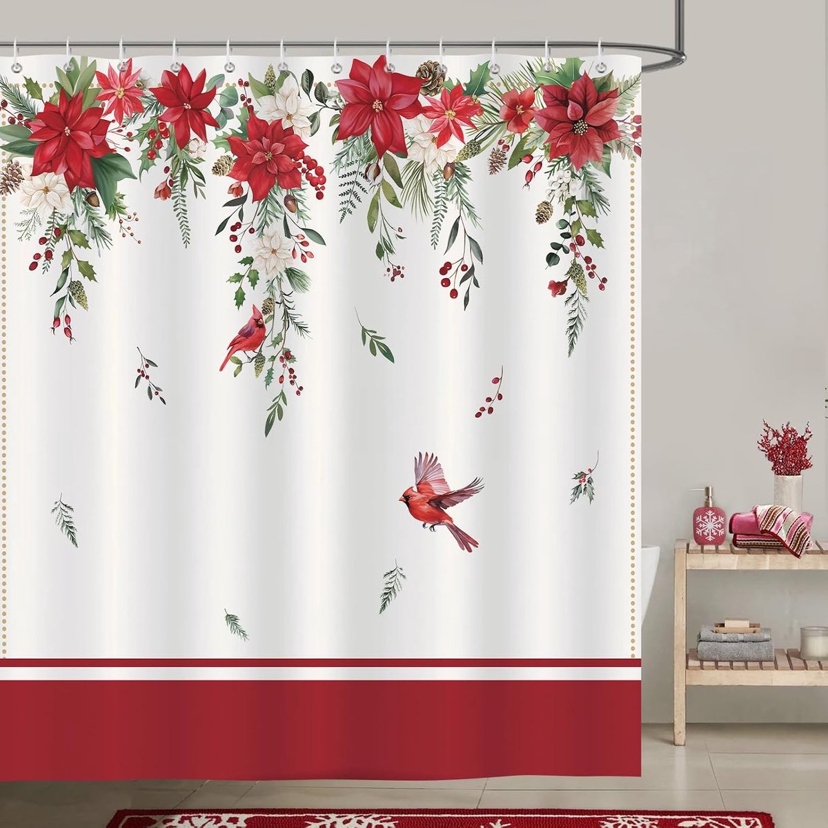 Douchegordijn kerst 180x180cm - polyester met poinsettia's en kardinals - waterdicht en schimmelbestendig - ShopVlot