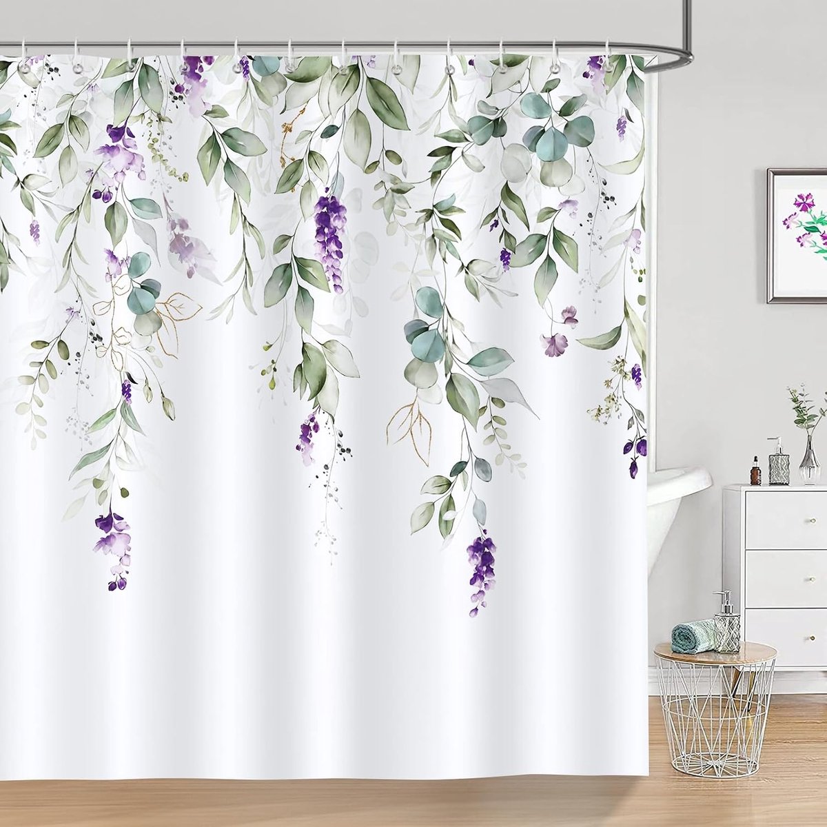 Douchegordijn 180 x 180cm - 100% Polyester - Eucalyptus en paarse bloemen - Verfrissende uitstraling voor je badkamer - ShopVlot